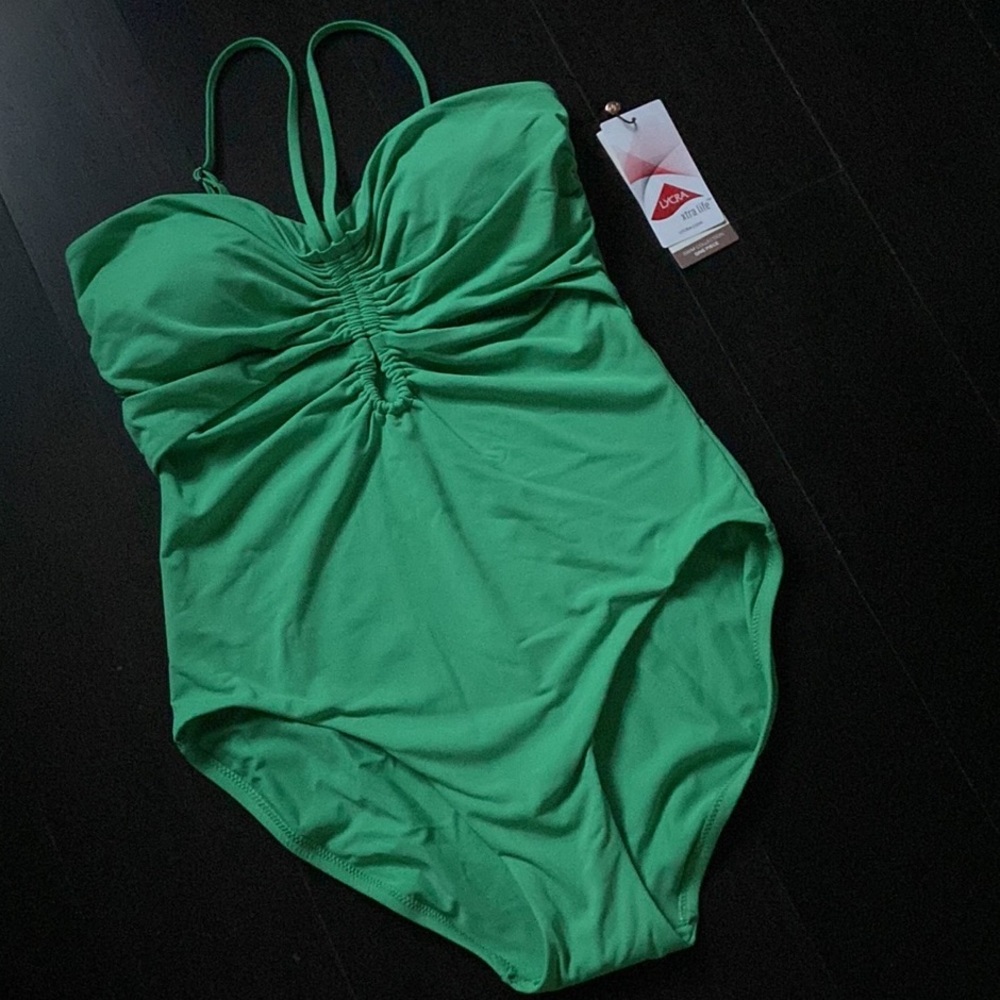CALIA SHIRRED CUTOUT ONE PIECE SWIM SUIT IN GREEN GLOW SZ 12,16  NWT
